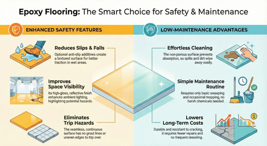 Benefits of Epoxy Flooring image. Infographic titled 'Epoxy Flooring: The Smart Choice for Safety & Maintenance' split into two sections. Left: 'Enhanced Safety Features' highlights reducing slips, improving visibility, and eliminating trip hazards with icons of water, bright room, and seamless surface. Right: 'Low-Maintenance Advantages' emphasizes effortless cleaning, simple maintenance, and lower costs with icons of cleaning cloth, mop, and durable cracked surface. Vibrant colors convey efficiency and reliability.