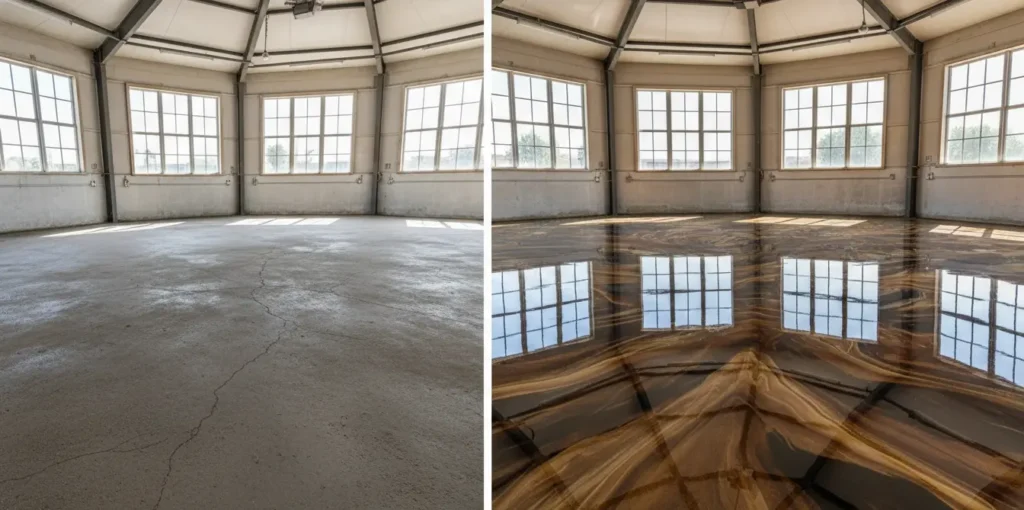Concrete crack repair Phoenix comparison showing a cracked concrete floor versus a durable epoxy floor