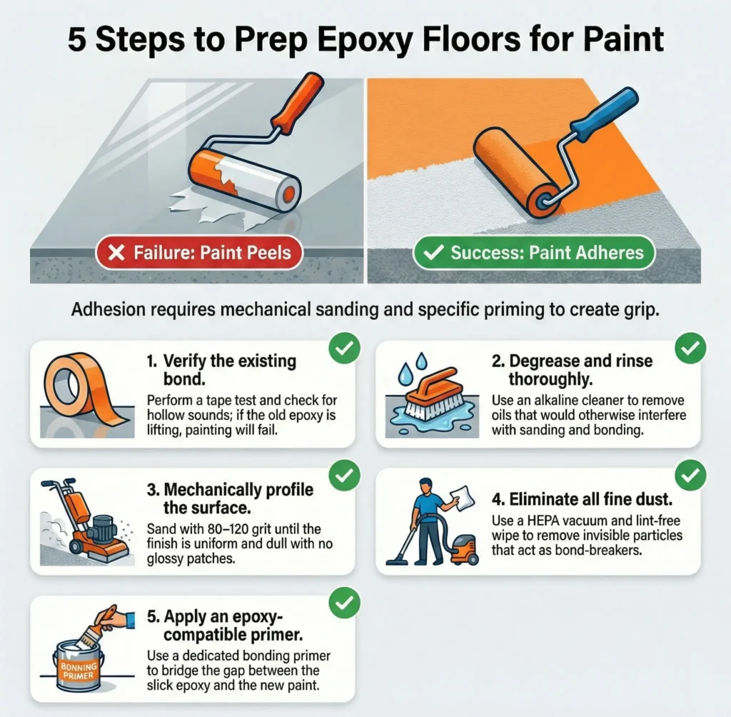 Infographic titled “5 Steps to Prep Epoxy Floors for Paint” showing the correct process to paint over epoxy coating. The top section contrasts failure vs success: on the left, peeling paint labeled “Failure: Paint Peels,” and on the right, properly adhered paint labeled “Success: Paint Adheres.” The graphic explains that adhesion requires mechanical sanding and specific priming. Five illustrated steps are shown: (1) verify the existing bond with a tape test to check for lifting epoxy, (2) degrease and rinse thoroughly using an alkaline cleaner to remove oils, (3) mechanically profile the surface by sanding with 80–120 grit until dull and uniform, (4) eliminate all fine dust using a HEPA vacuum and lint-free wipe, and (5) apply an epoxy-compatible bonding primer to ensure proper adhesion when you paint over epoxy coating. The design uses icons of tools like a roller, scrub brush, floor sander, vacuum, and primer can to visually demonstrate each preparation step.