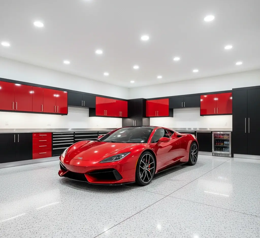 A red sports car is parked in the center of a modern, brightly lit garage with black and red cabinets lining the walls—its sleek epoxy garage floor boosting home value.