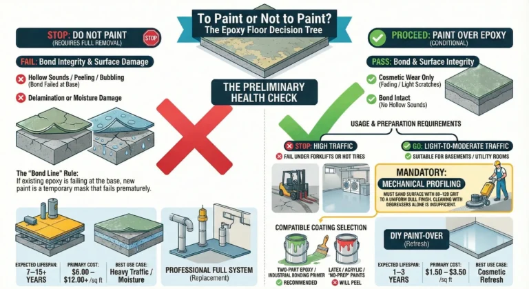 decision tree infographic explaining if you should paint over epoxy floor coating or not