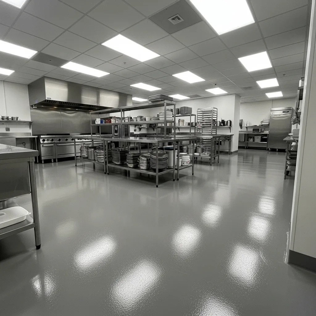 Commercial kitchen epoxy flooring with a seamless, non-slip gray finish in a clean, modern kitchen featuring stainless steel equipment, prep tables, and bright overhead lighting.