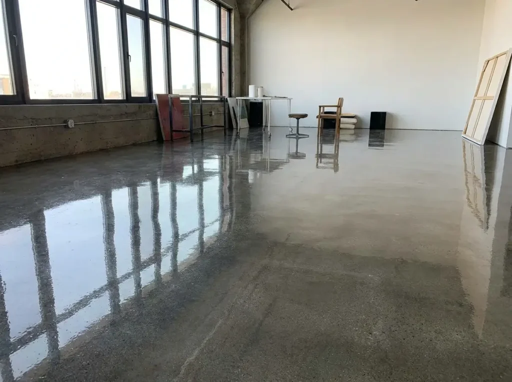 Glossy clear epoxy resin floor finish showing transparent epoxy coating with high-gloss reflective surface and seamless protective clear coat epoxy layer on concrete