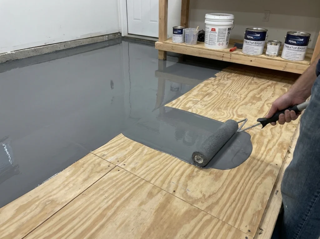 Epoxy for plywood floors being applied over sanded wooden subfloor to create a smooth, durable, flexible epoxy coating for wood floors in garage or workshop.