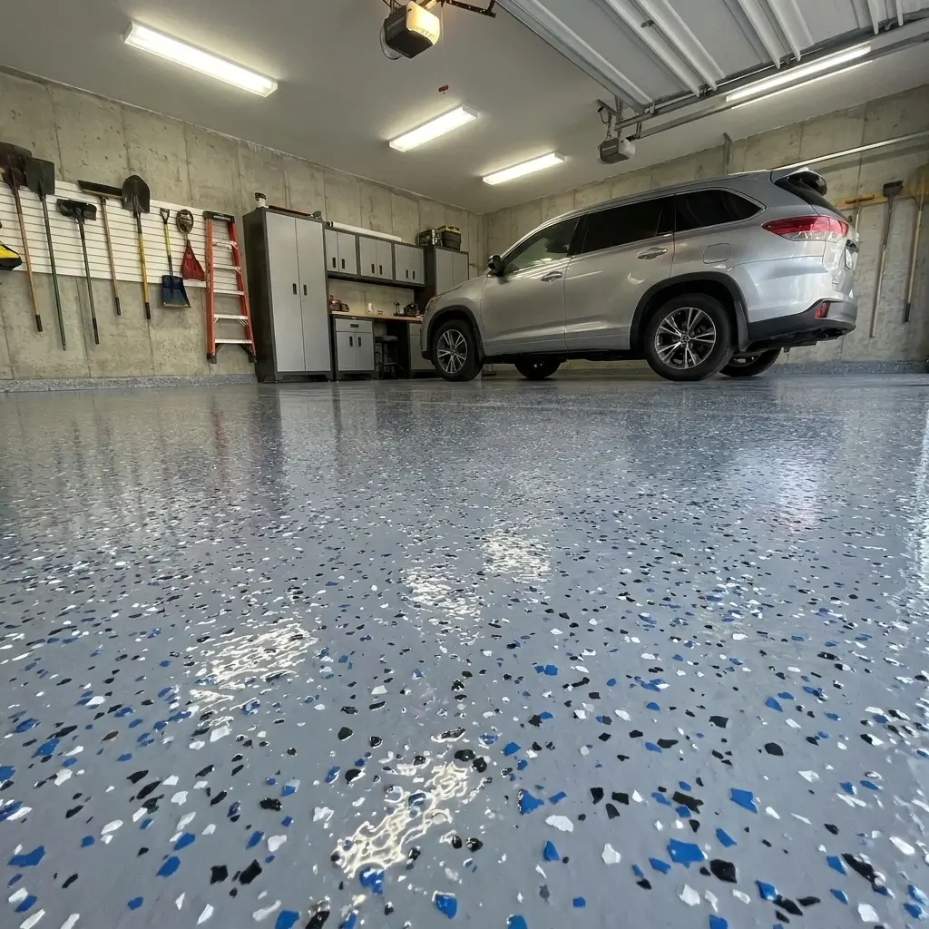 Garage epoxy floor installed on newly replaced concrete slab showing glossy durable finish after garage floor replacement cost project